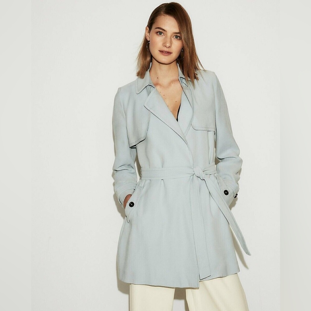 VINTAGE BLUE SOFT SELF-TIE WAIST TRENCH COAT